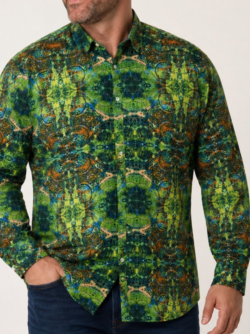 Cremieux Premium Denim 4XB Green Paisley Print Button Front Shirt Big Tall